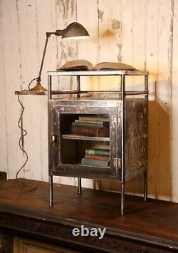 Antique Medical Cabinet industrial end table apothecary glass door dental steel
