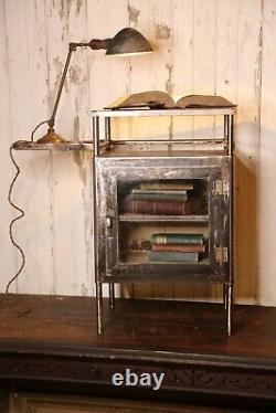 Antique Medical Cabinet industrial end table apothecary glass door dental steel