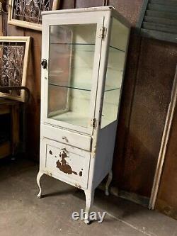 Antique Medical Dental Cabinet Vintage Metal Wavy Glass, Shelves Cabriole Legs