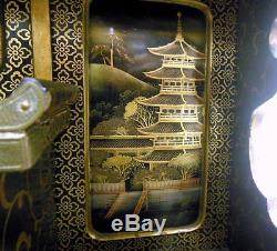 Antique Meiji Japanese Cabinet Shelf Shodana Black Lacquer Gilt Pagoda Bridge