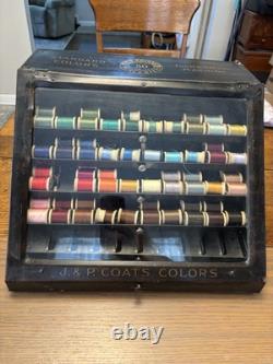 Antique Metal JP Coats Counter Top Spool / Thread Cabinet W 70+ Wood Spools