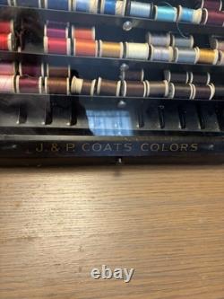 Antique Metal JP Coats Counter Top Spool / Thread Cabinet W 70+ Wood Spools