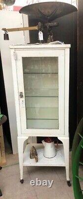 Antique Metal Medical Apothecary Cabinet, Glass Door