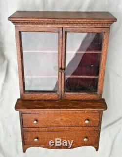 Antique Miniture Step-back Cupboard Salesman Sample Oak, Glass Doors, Drawers