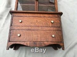 Antique Miniture Step-back Cupboard Salesman Sample Oak, Glass Doors, Drawers