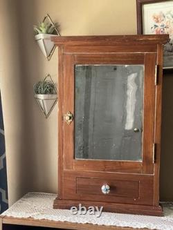 Antique Mirrored Apothecary Cabinet Wavy Glass Door + Drawer c. 1900