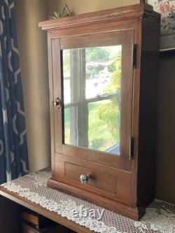 Antique Mirrored Apothecary Cabinet Wavy Glass Door + Drawer c. 1900