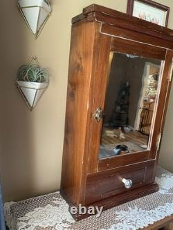 Antique Mirrored Apothecary Cabinet Wavy Glass Door + Drawer c. 1900