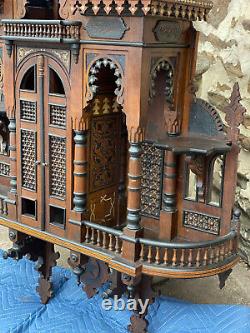 Antique Moorish Heavily Carved Mahogany Inlaid Wall Hanging Cabinet Shelf