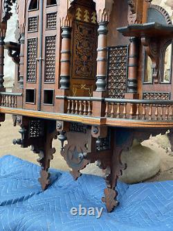 Antique Moorish Heavily Carved Mahogany Inlaid Wall Hanging Cabinet Shelf