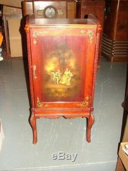 Antique Music Cabinet with Painted Victorian Scene for Sheet Music Piano Rolls