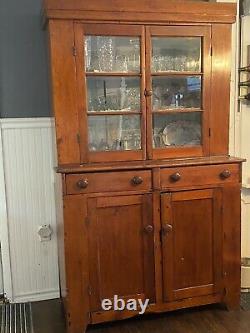 Antique New England-Pine /cherry Step Back Cupboard Primitive Farm House