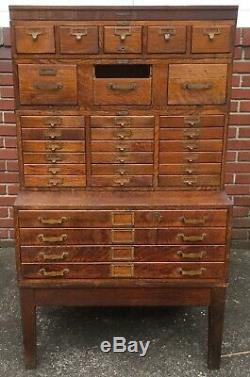 Antique O. M. Edwards Oak 6 pc Stacked Flat File, Card Catalog w. Base & Cornice