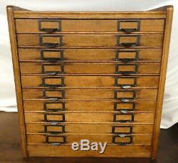 Antique OAK 10-DRAWER FLAT FILE CABINET. Label Holder Handles. 23H x21W x17D