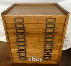 Antique OAK 10-DRAWER FLAT FILE CABINET. Label Holder Handles. 23H x21W x17D