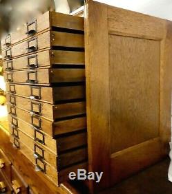 Antique OAK 10-DRAWER FLAT FILE CABINET. Label Holder Handles. 23H x21W x17D