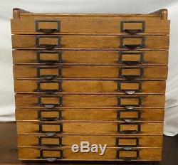 Antique OAK 10-DRAWER FLAT FILE CABINET. Label Holder Handles. 23H x21W x17D