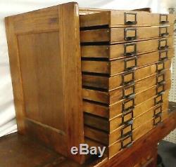 Antique OAK 10-DRAWER FLAT FILE CABINET. Label Holder Handles. 23H x21W x17D