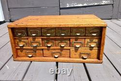 Antique Oak 15 Drawer Counter Top Store Hardware Cabinet 1900s Era
