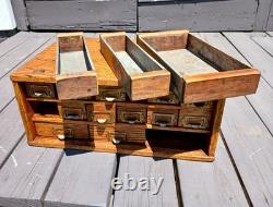 Antique Oak 15 Drawer Counter Top Store Hardware Cabinet 1900s Era