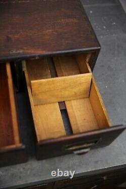 Antique Oak 2 Drawer LIbrary Card Catalog File Desk wood Cabinet Japanned handle