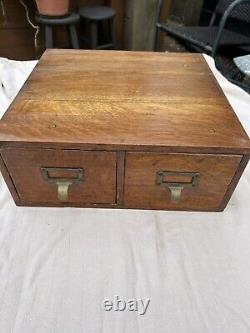 Antique Oak 2 Drawer Library Card Cabinet Dovetailed Spring Mechanism 14.7x15.25