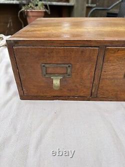 Antique Oak 2 Drawer Library Card Cabinet Dovetailed Spring Mechanism 14.7x15.25