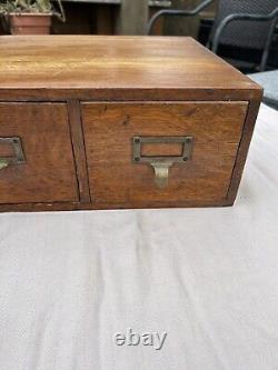 Antique Oak 2 Drawer Library Card Cabinet Dovetailed Spring Mechanism 14.7x15.25