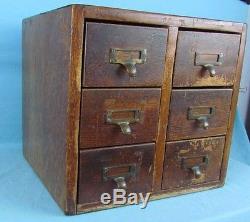 Antique Oak 6 Drawer Library File Card Cabinet Brass Pulls Original Finish
