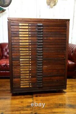Antique Oak Apothecary Cabinet Flat File 25 Wood Drawers Storage letterpress