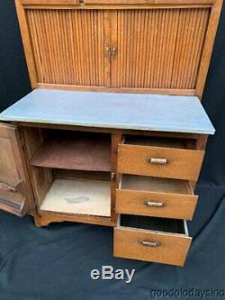 Antique Oak & Birch Wood Kitchen Hoosier Cabinet w Working Surface