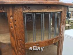 Antique Oak Bow Front Clawfoot Carved Wood Stained Glass Curio Cabinet