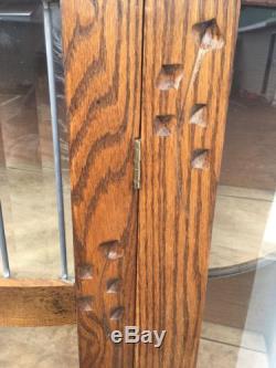 Antique Oak Bow Front Clawfoot Carved Wood Stained Glass Curio Cabinet