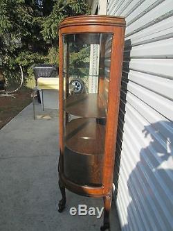 Antique Oak Bow Front Clawfoot China Display Curio Cabinet