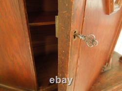 Antique Oak China Cabinet / Cupboard with Drawer, 3 Shelves & Locking Door with Key