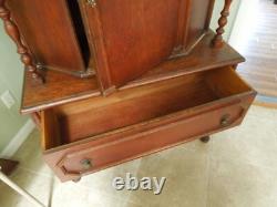 Antique Oak China Cabinet / Cupboard with Drawer, 3 Shelves & Locking Door with Key