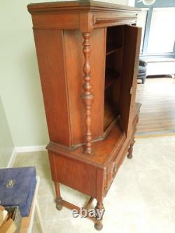 Antique Oak China Cabinet / Cupboard with Drawer, 3 Shelves & Locking Door with Key