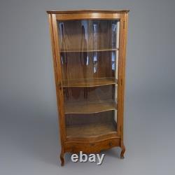 Antique Oak China Cabinet Glass Door Plate Grooves Curved Front 1920s w Drawer
