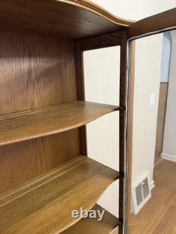 Antique Oak China Cabinet Glass Door Plate Grooves Curved Front 1920s w Drawer