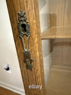 Antique Oak China Cabinet Glass Door Plate Grooves Curved Front 1920s w Drawer