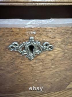 Antique Oak China Cabinet Glass Door Plate Grooves Curved Front 1920s w Drawer