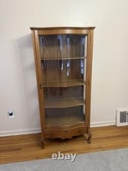 Antique Oak China Cabinet Glass Door Plate Grooves Curved Front 1920s w Drawer