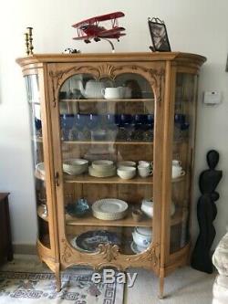 Antique Oak China Cabinet, curved glass, excellent condition