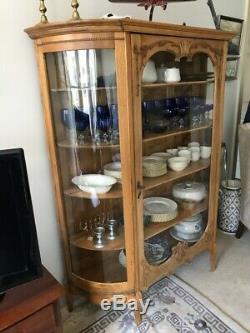 Antique Oak China Cabinet, curved glass, excellent condition