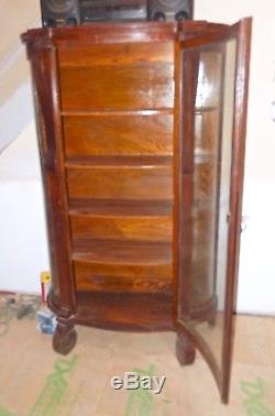 Antique Oak China Cabinet with Curved Glass & 5 Shelves, 68tall x 38.5wide