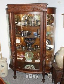 Antique Oak China or Curio Cabinet Lion heads and claw feet