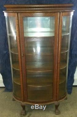 Antique Oak Curio Cabinet Curved Glass Mirrored Back Claw Serpent Feet MINT