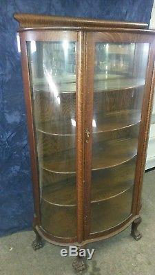 Antique Oak Curio Cabinet Curved Glass Mirrored Back Claw Serpent Feet MINT