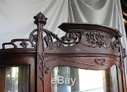 Antique Oak Curio China Cabinet Art Nouveau Style Fancy