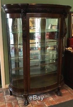 Antique Oak Curio China Cabinet Carved Lion Mirrored Back Glass Shelves Paw Feet